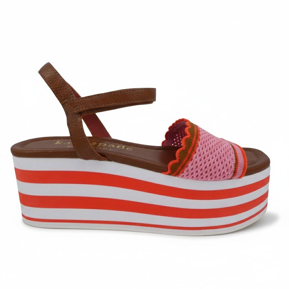 Kate Spade Women's US 8 HIGHRISE Platform Knit Sandals Ankle Strap Pink/Brown